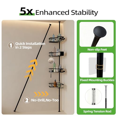 Corner Shower Caddy Tension Pole, 4 Tier Rust-Resistant Adjustable Bathroom Organizer Shelves, Bathtub Storage Rack with Soap Holder, No-Drill Install, Floor to Ceiling Rod 47-121 Inch, Black - color: Black