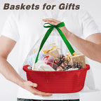 Pro Goleem Small Woven Basket with Gift Bags and Ribbons Durable Baskets for Gifts Empty Small Rope Basket for Storage 12"X 8" X 5" Baby Toy Basket with Handles, Red - color: red