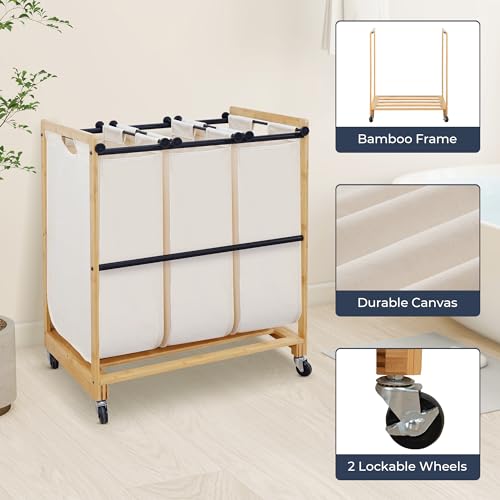 STO STO 3-Section Laundry Sorter with Bamboo Frame, Rolling Laundry Hamper Basket with Removable Bags and Lockable Wheels, Laundry Cart for Clothes Storage in Bedroom & Laundry Room, Beige - size: 3-Section