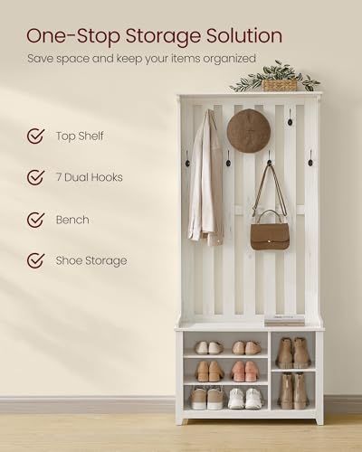 VASAGLE Hall Tree with Bench and Shoe Storage, Coat Rack with Shoe Bench, 7 Double Hooks for Jackets, Hats, Entryway, Bedroom, Living Room, 13.8 x 31.9 x 70.9 Inches, Rustic White UHSR414W01 - color: Rustic White