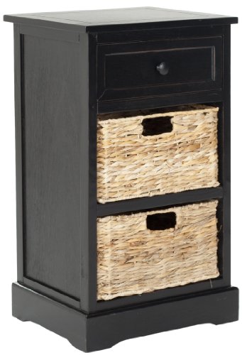SAFAVIEH Home Collection Carrie Distressed Black/ Natural Wicker 3-Drawer Storage Nightstand Side Table (Fully Assembled) - color: Distressed Black