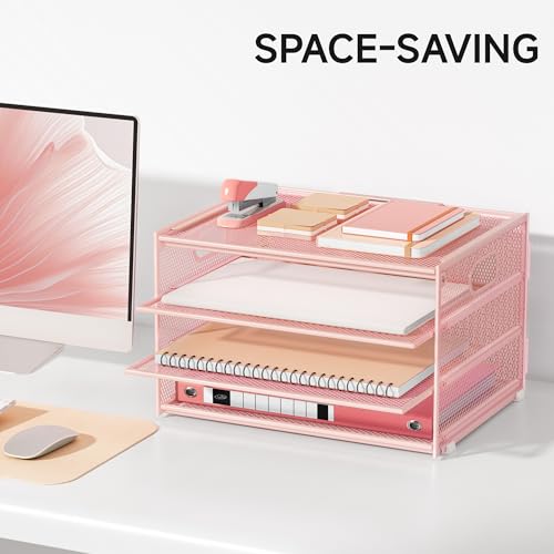 Lavatino 3-Tier Letter Tray Desk Organizer, Mesh Metal Paper File Tray Organizer for Desk, Office Supplies & Home Organization, Fits A4 Paper, Mail, Magazines & Office Accessories (Pink with Handle) - color: 4-tier With Handle - Pink