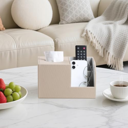 Square Tissue Box Cover with 2 Compartments Storage Organizer, PU Leather Tissue Box Holder with Remote Control Holder for Livingroom Nightstand, Multifunctional Cube Tissue Holder (Beige) - color: Beige