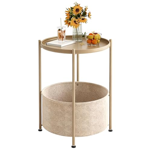 Small Round Side Table with Felt Storage Basket, Metal End Table with Removable Tray and Adjustable Feet, Accent Table for Nursery, Bedroom, Living Room, Laundry Room, Gold - color: Gold