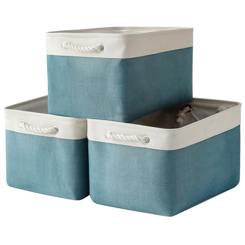 TheWarmHome Organization and Storage basket for Organizing - 3 Pack 16x12x12 inch Cube Storage Bin for Shelves, Fabric Storage Cubes for Organizer Cloth Closet Toy Box (White & Green) - color: White And Green, size: 3PCS/Large Cube - 16L×12W×12H