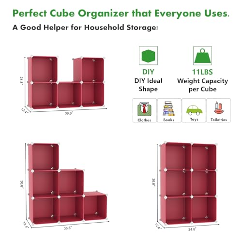 C&AHOME 6-Cube Storage Organizer, Stackable Storage Cubes Shelves, Portable Bookshelf, Plastic Clothing Storage Closet Organizer, DIY Modular Shelving Units for Wardrobe, Home, Red - color: Red