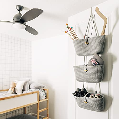 OrganiHaus Grey Wall Hanging Storage Basket | Behind Door Storage | Wall Storage Baskets Over Door | 3 Tier Hanging Basket | Woven Baskets Bathroom Organizer | Wall Hanging Baskets for Organizing - color: Full Light Gray