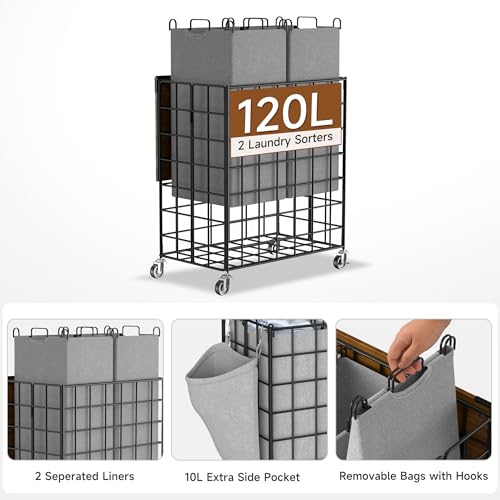 Laundry Basket with Wheels, Heavy Duty Laundry Sorter 2 Sections, Large Capacity 120L (32Gal.) Laundry Hamper with Wood Lid, 360 Rolling Wheels, Extra Side Pocket, Leather Pull Handle, Grey - color: Grey, size: 120L