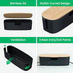 Large Cable Management Box - Cord Organize Box with Bamboo lid for Safe Home & Office, Cord Hider for Power Strip Under Desk, Cover TV Wires, Child & Pet Proof Cord Box, Black