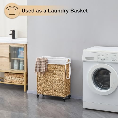 Rolling Laundry Hamper with Wheels, Slim Laundry Basket with Removable Liner Bag & 2 Mesh Bags, Handwoven Water Hyacinth Clothes Hamper for Bedroom Bathroom (Natural, 65L) - color: Natural/No Lid/65L