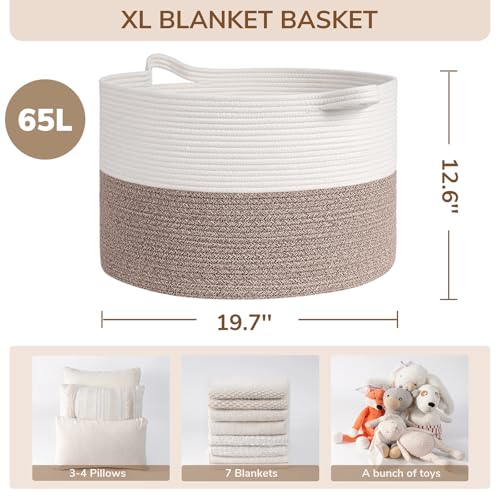 INDRESSME Large Blanket Basket, Laundry Toy Storage Baskets, Decorative Woven Basket for Living Room & Nursery, Baskets for Gifts Empty, Laundry, Dog Toys, Towels, White & Brown, 19.7" D x 12.6" H - color: White & Brown, size: 19.7"D x 12.6"H