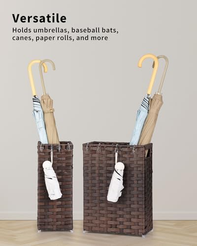 Rattan Umbrella Stand, Umbrella Holder for Entryway, Hand Woven Umbrella Rack Organizer Freestanding, with a Detachable Drip Tray, 4 Hooks, 11.8" L x 5.5" W x 16.5" H - color: Brown, size: M(11.8" L x 5.5" W)