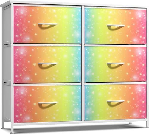Sorbus Dresser with 6 Drawers - Furniture Storage Tower Unit for Bedroom, Hallway, Closet, Office Organization - Steel Frame, Wood Top, Easy Pull Fabric Bins (6-Drawer, Rainbow) - color: Colorful With Stars, style: 6-Drawer
