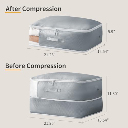 DIMJ Comforter Storage Bag - Large Capacity Ultra Space Saving Self Compression Organize for Duvet, Pillow, Bedding, Blanket Storage Organizer Nylon Compression Bags, Sheet Storage with Zipper, 4 Pack - color: Gray, size: 66L x 4 Pack