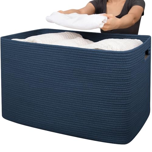 OIAHOMY 118L XXXLarge Cotton Rope Storage Basket, Oversized Blanket Basket, Used for Organizing Dirty Clothes in Living Room, Bedroom, Nursery, Dog Toy Storage Bins, 25" x 17" x 16",Blue - color: Blue