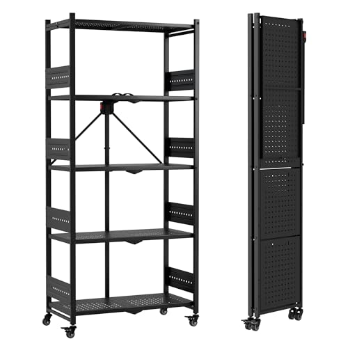 WORKPRO 5-Tier Folding Shelf, No-Assembly Metal Storage Rack with Wheels, 750 lbs Capacity (with Leveling Feet), Collapsible Shelving Unit for Kitchen, Pantry, Bathroom & Closet Organization - size: 5-Tier