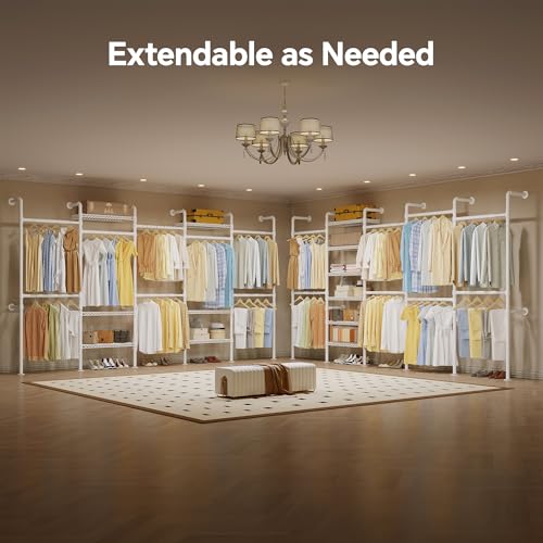 Higeego W5 Wall Mounted Expandable Clothes Rack, 9-12 ft Wide Adjustable Clothing Rack with Extended Rod Closet Organizer System Industrial Pipe Garment Rack for Reach in Closet 1300LB Capacity, White - color: White