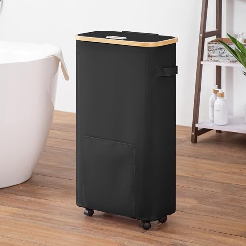 Vincona Laundry Basket with Wheels, Tall Dirty Clothes Hamper on Wheels, Rolling Laundry Hamper with lid for Dorm, Bedroom and Bathroom - color: Black, size: 65L