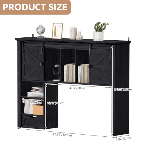 Large Desktop Bookshelf with Sliding Barn Door, 47.2''W Desk Shelf Display Rack, Desktop Organizer Storage Rack with 7 Cubbies and Drawer, Home, Desk Shelf for Office, Dorm, Vanity, Black - color: Black, size: 47.2''W