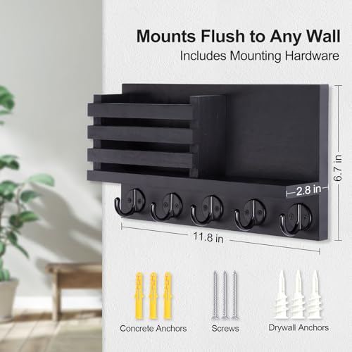 Lwenki Key Holder for Wall – Decorative Wooden Mail Holder and Key Shelf with Mounting Hardware, Installation Guide – Paulownia Wood with Metal Key Hooks (Black, Large - 11.8inch) - color: Black, size: Large - 11.8inch