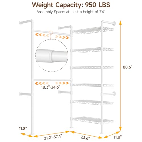 L2 Wall Mounted Closet System, Industrial Pipe Clothing Rack Clothes Racks with 2 Telescopic Rod & 6 Shelves, Heavy Duty Closet Organizers System in Wardrobe Closet, White - color: White