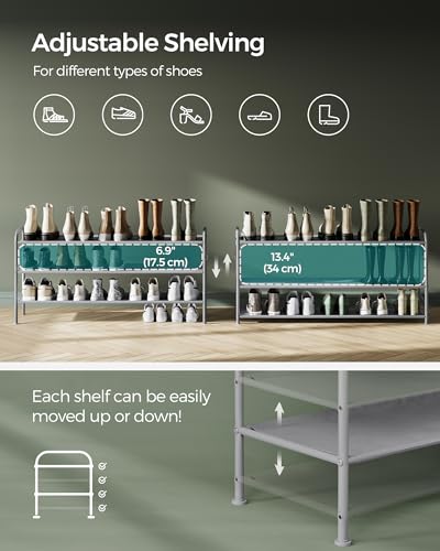 SONGMICS Shoe Rack, 3-Tier Shoe Organizer, Fabric Shoe Shelf Storage with 4 Hooks, Holds up to 18 Pairs of Shoes, Height-Adjustable Shoe Rack for Entryway, Hallway, Closet, Easy Assembly, Dove Gray - color: Dove Gray, size: 3 Tier (20.8"H)