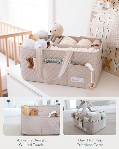 Lily Miles Baby Diaper Caddy Organizer, Quilted Nursery Storage Organizer for Newborn Essentials and Diaper Changing Station, Gift for Baby Shower and Registry Must-Have (Soft Sand) - color: Soft Sand