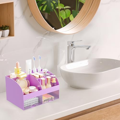 Makeup Organizer with 2 Drawers, Cosmetic Storage for Dresser Vanity and Bathroom Countertop,Make up organization and Skincare Storage with Beauty Brush Holder, Cosmetic Display Case (Purple) - color: Purple