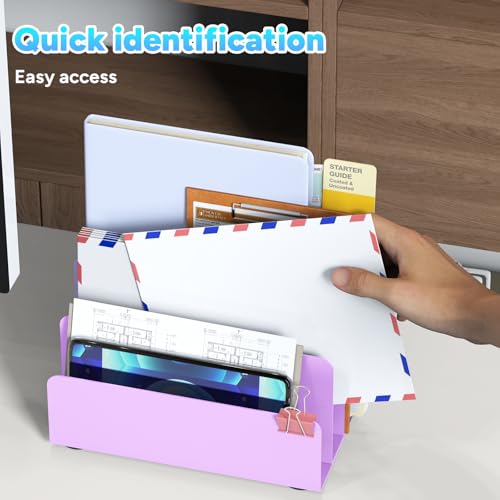 Mail Organizer Countertop, Small Desk File Organizer, Metal File Holder - Essential Workspace Organizers for Office Desk, Home Office (Purple) - color: Purple