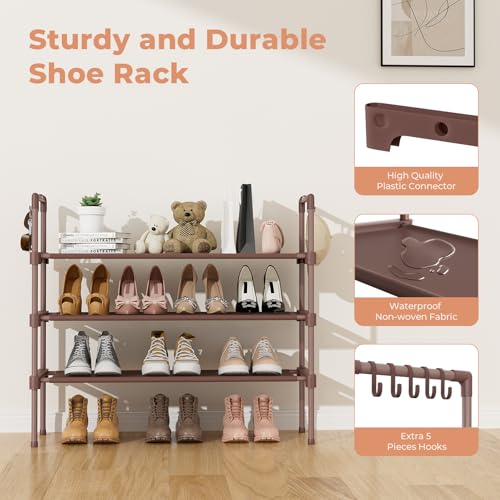 LANTEFUL 3 Tier Shoe Rack for Closet Shoe Organizer with 5 Hooks, Long Shoe Shelf Storage for Shoe and Boot Stackable Free Standing Shoe Rack for Entryway, Garage, Small Spaces, Dorm, Brown - color: Brown, size: 27.8"W - 3 Tier