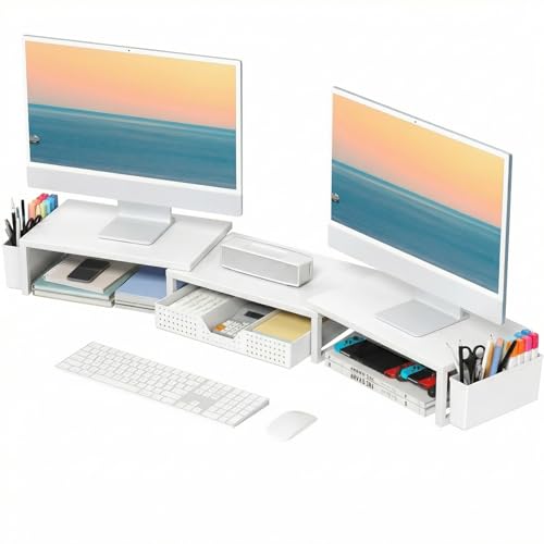 OPNICE Desk Organizers and Accessories, Dual Monitor Stand Riser with Drawer and 2 Pen Holders, Desk Shelf Metal Computer Racks for Office Workspace Organizers, Desktop Organization (White Metal) - color: White Metal, size: With drawer and pen holder