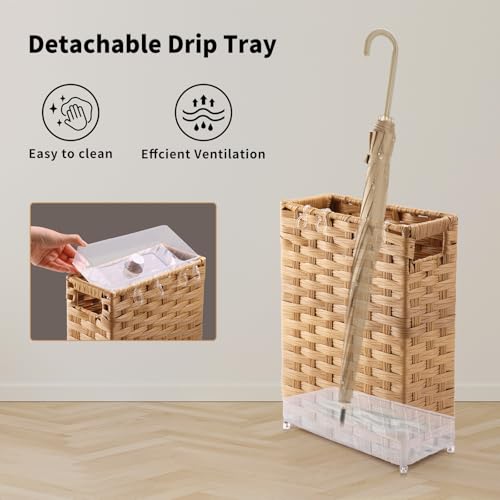 Rattan Umbrella Stand, Umbrella Holder for Entryway, Hand Woven Umbrella Rack Organizer Freestanding, with a Detachable Drip Tray, 4 Hooks, 11.8" L x 5.5" W x 16.5" H, Natural - color: Natural, size: M(11.8" L x 5.5" W)