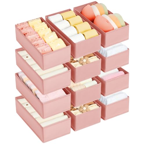 DIMJ Drawer Organizer Clothes - Underwear Organizer Small Sock Organizer Closet Organizers and Storage Box Dresser Drawer Dividers for Baby Clothes,Bra,Socks, Belt, Tie, Set of 12, Pink - color: Pink, size: Set of 12