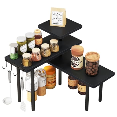 IBUYKE Countertop Organizer,3-Tier Spice Racks,Kitchen Counter Corner Shelf,4 Side Hooks,Adjustable Countertop Shelf for Kitchen, Bathroom, Coffee Bar, Cabinet, Desk,Black,TLJ023B - color: Black, size: 1 pack (Improved)