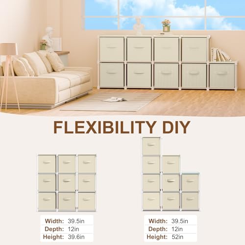 Briwooody 9 Cube Storage Organizer Bins with Shelf 11'' Toy Storage Box Back to School Dorm Organizers Fabric Unit for Playroom Book (Creamy White) - color: White