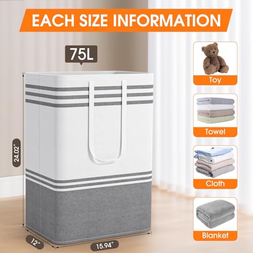 2 Pack Large Laundry Baskets, Laundry Hampers, Freestanding Waterproof Collapsible Clothes Bags with Reinforced Handles - Foldable Dirty Clothes Basket for Dorm, Bathroom, Room (Grey/75L) - size: 2 x 75L