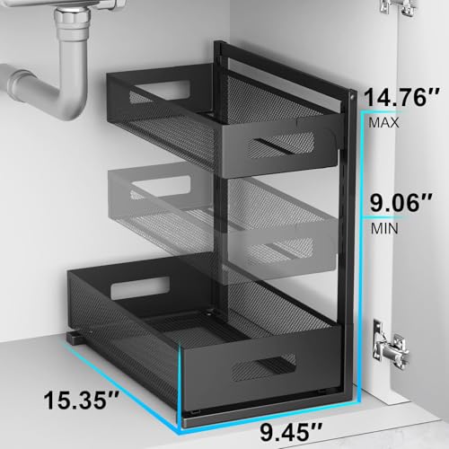Petiza Under Sink Organizer Pull Out Cabinet Organizer Adjustable Height 2 Tier with Sliding Drawers Kitchen Bathroom Organizer and Storage(1pc) - color: Black, size: Extra Large-1 pack