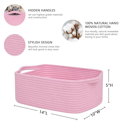 CubesLand Cute and Durable Small Cotton Rope Basket for Organizing, Woven Closet Storage Bin,Shelves Closet Storage Basket, Bathroom Storage Organizer Bin, Nursery Toy Basket Bin, Pink Basket - color: Pink, size: 14''x10''x5''