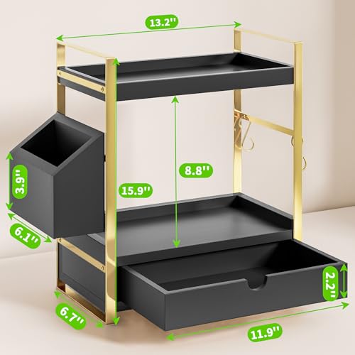 2-Tier Bathroom Counter Organizer with Drawer and Basket, Wood Countertop Organizer for Storage, Skincare Organizers for Vanity, Counter Shelf for Bathroom Organization(Black-Gold) - color: Black-gold