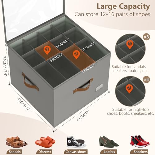 Vincona Shoe Organizer for Closet,2 Pack Shoe Storage Bins Foldable Shoe Storage Box Containers with Clear Cover and Sturdy Handles,Shoe Rack for Closet Storage for Sneakers Heels Slippers (Grey) - color: Grey, size: Large