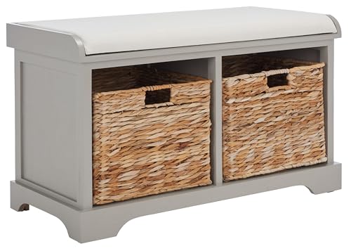 SAFAVIEH Home Collection – Freddy Vintage Grey Storage Bench with Wicker Baskets & Cushion, Entryway Seating Bench, Fully Assembled (AMH5736F) - color: Vintage Grey