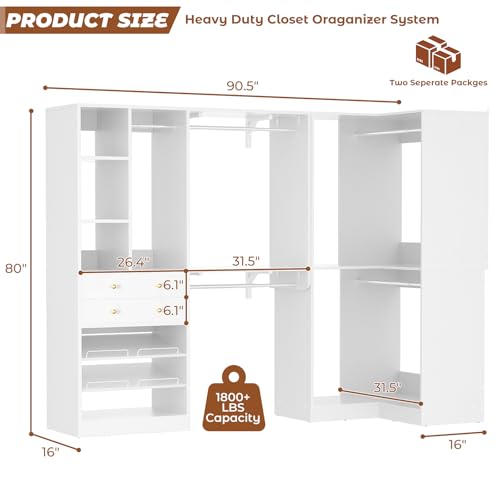 Closet System with 2 Drawers, 5 Hanging Robs, 4 Adjustable Shelves, 90.5"*31.5" Closet Organizer System with Corner Tower, L-shape Walk-in Closet System, Corner Closet System Set of 2, White - color: White, size: 90.5" * 31.5"