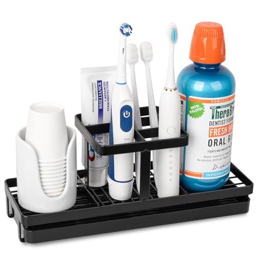 Toothbrush Holders for Bathrooms, Carbon Steel Tooth Brushing Holder Electric Toothbrush and Toothpaste Organizer Bathroom Accessories for Countertop, Shower, Sink, 5 Slots, Matte Black - color: Black, size: Large