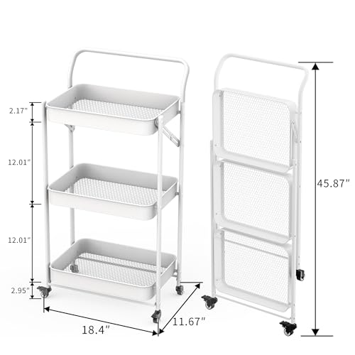 JAQ Foldable Rolling Cart, 3-Tier No Assembly Metal Utility Cart with Handle, Heavy Duty Folding Storage Trolley Organizer on Wheels for Kitchen, Office, Craft Art, Baby Diaper, Snacks, Books, White - color: White /3-tier, size: No Assembly