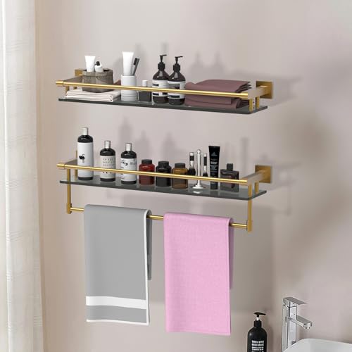 Bathroom Glass Shelf with Towel Bar/Rack 24 inches Wall-Mounted Shelves Tempered Glass Sink Toilet Organizer Shower Towel Decorative Storage (Polished Gold Finish) - color: Brushed Gold, size: 24-inch with Railing