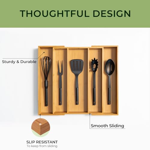 Carbonized Bamboo Kitchen Drawer Organizer, 5 Slots Expandable Silverware Organizer, Utensil Holder & Cutlery Tray, 2.2" Deep for Extra Capacity, Non-Slip Feet Included. - size: 5 Slots（Expandable）