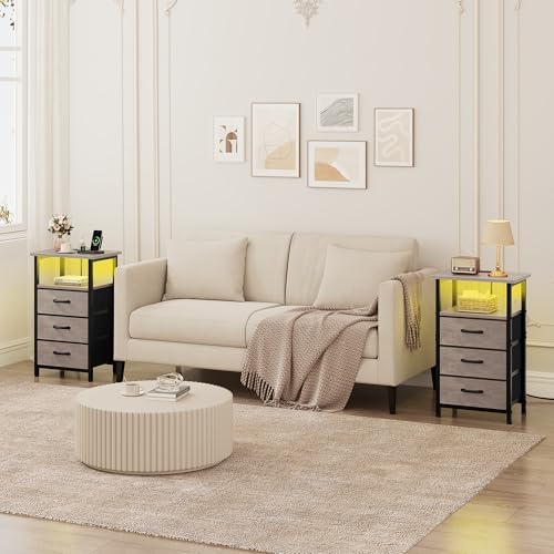 Vagusicc Night Stand Set 2 with Charging Station, LED Nightstand for Bedroom, Bedside Table with 3 Fabric Drawers, End Table Side Table with USB Ports & Outlets, Bed Side Table for Bedroom, Greige - color: Greige, size: 2 Pieces, style: With LEDs