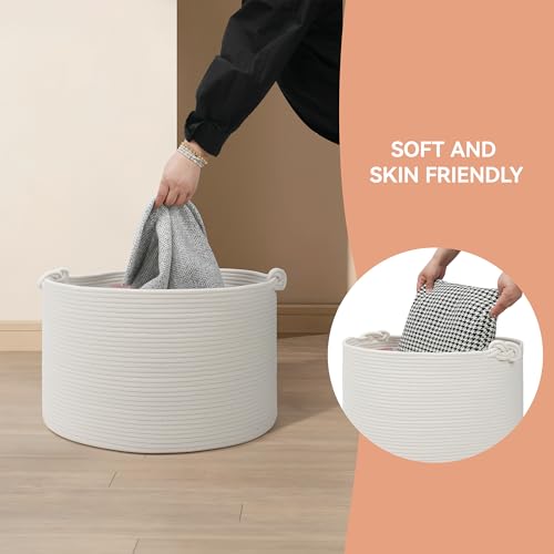 Large Blanket Basket (20"x13"), Woven Storage Basket for Dirty Clothes, Laundry, Living Room, Nursery, Bedroom - White - color: White