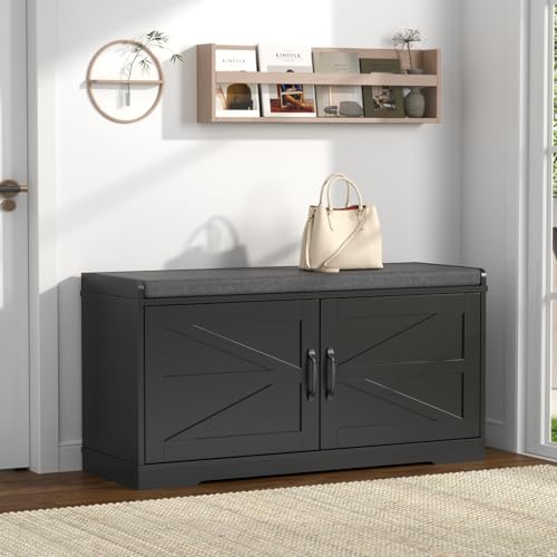 Loomie Shoe Storage Bench, 2-Tier Farmhouse Entryway Bench with Padded Seat Cushion, 13.78" D x 39.37" W x 19.69" H, Slim Shoe Cabinet Bench for Entryway, Living Room, Bedroom (Black) - color: Black