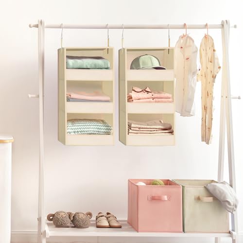 GRANNY SAYS 3 Shelf Hanging Closet Organizers and Storage, Collapsible Closet Storage Organizer with 2 Metal Hooks, Leak-Proof Hanging Shelves for Wardrobe, RV Camper, Locker, 2 Pack, Khaki - color: 3-shelf Khaki, size: 2-Pack